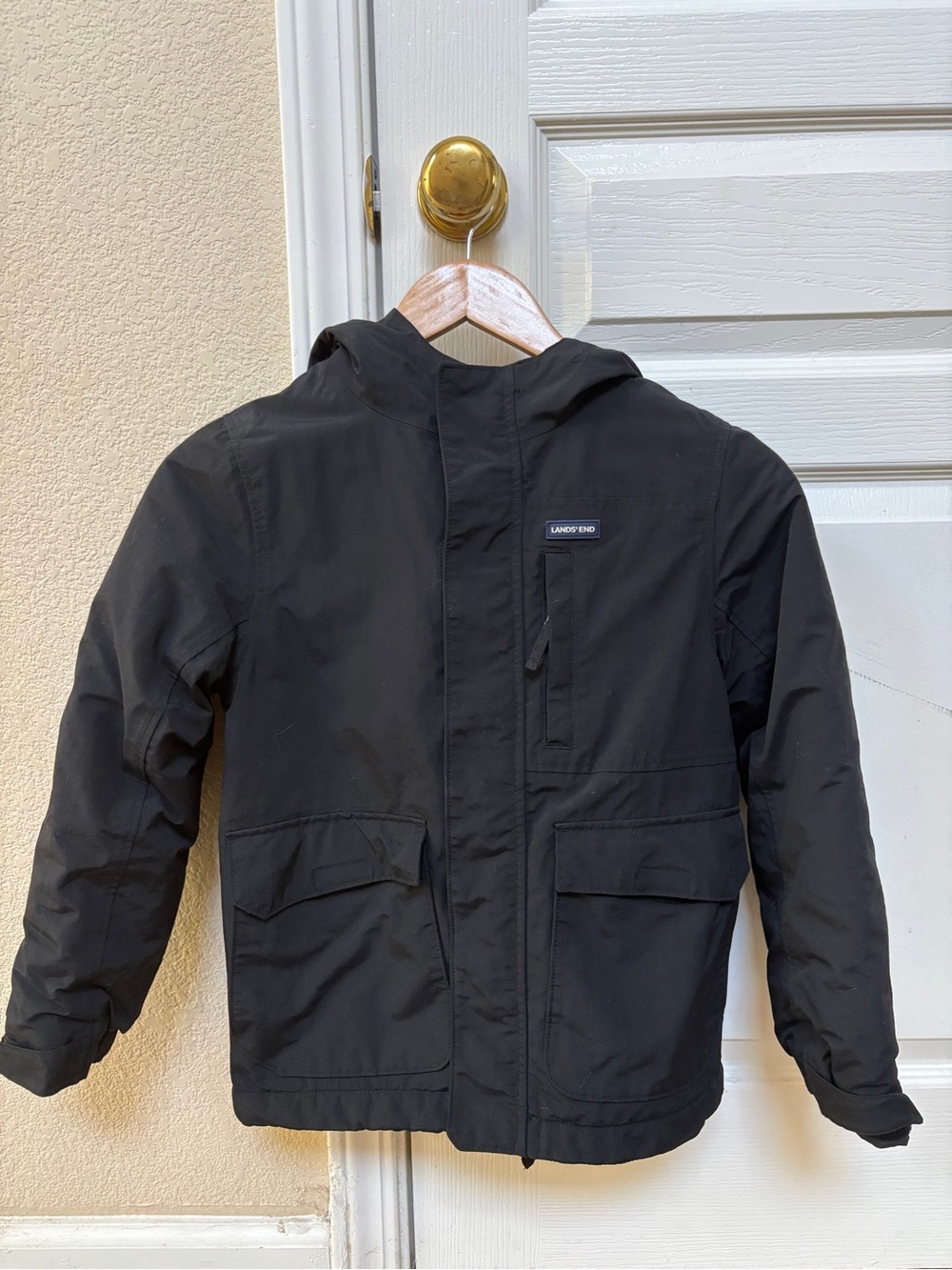 Lands' End Kids' Black Squall Waterproof Fleece Lined Hooded Jacket Sz M (8)